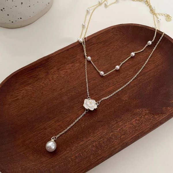 Imitation Pearl Rhinestone Necklace Stainless Steel Extra Long Drawstring Snake Tassel Metal Chain Women's Jewelry: ROSE GOLD COLOR