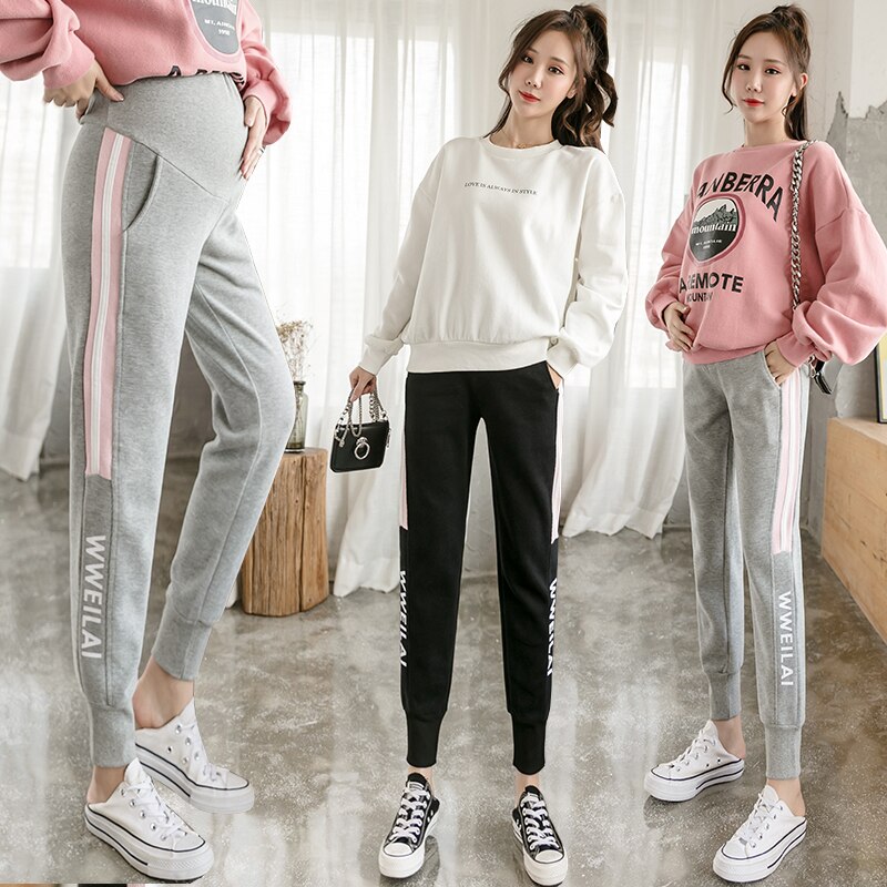 828# Autumn Chic Ins Maternity Sweatpants Sports Casual Cotton Pants Clothes for Pregnant Women Pregnancy Elastic Waist Belly