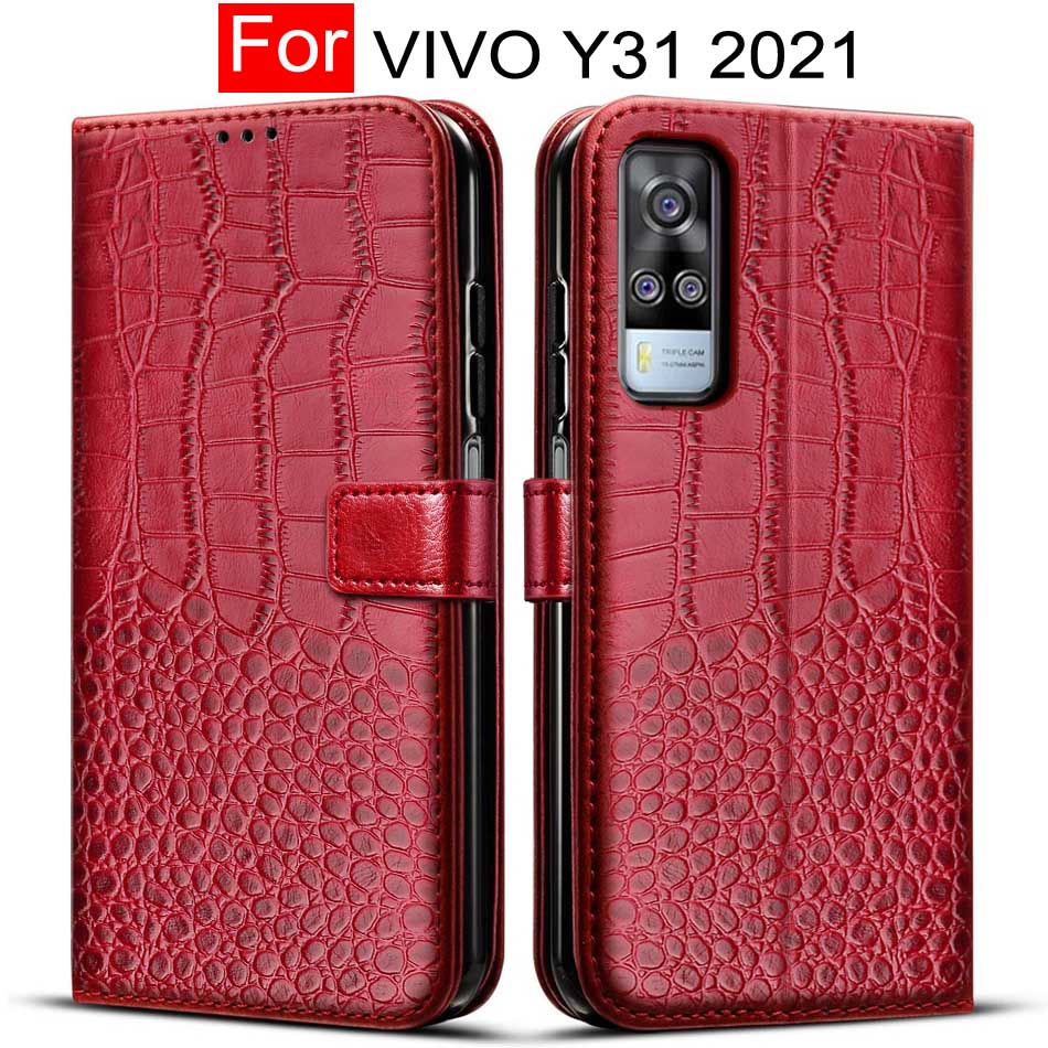 Capa tipo carteira de couro para vivo y31, estojo protetor para celular vivo y31 2021: Red