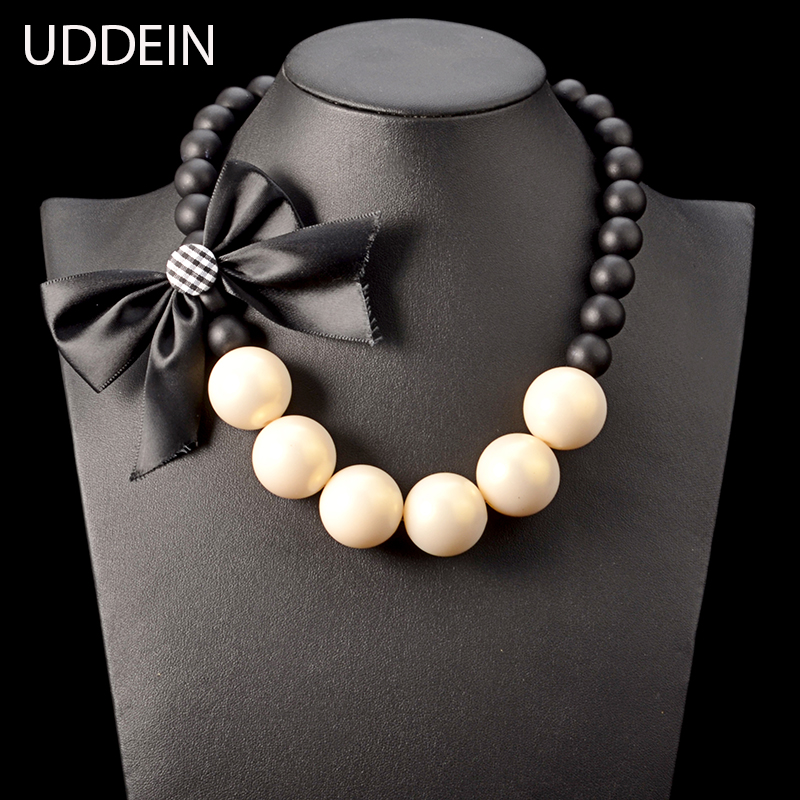 UDDEIN chunky wood chain big simulated pearl jewelry ribbon flower necklace women vintage statement chokers wedding necklace