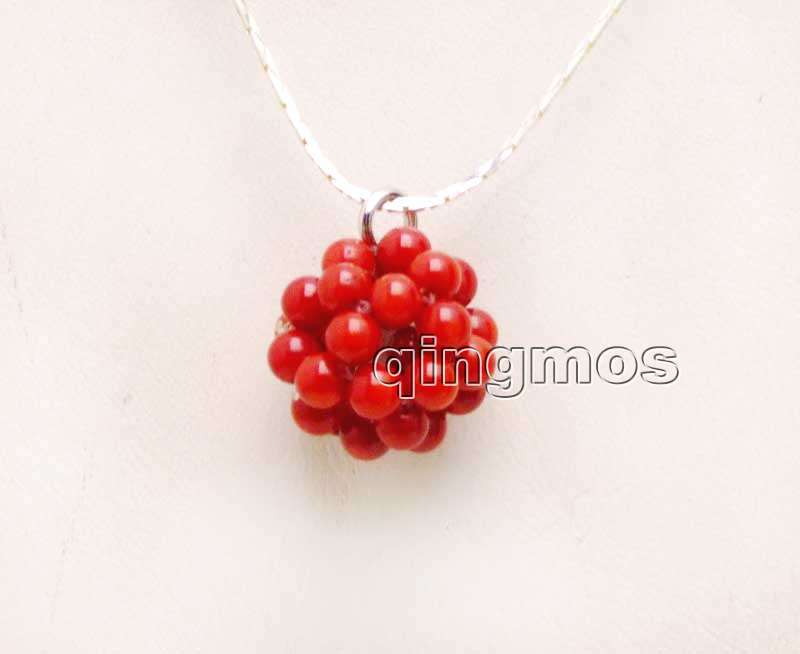 Grand 18-20mm rouge naturel 4-5mm corail travail manuel tissage pendentif boule ronde avec chaîne plaquée argent 17 ''Necklace-nec6202