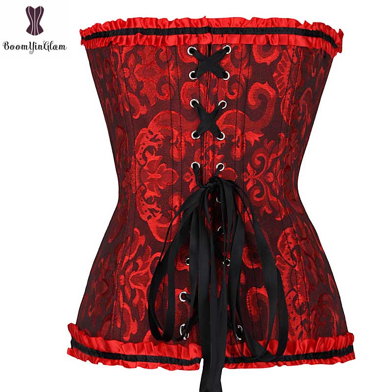 Bloemen Corset Laciness Rits Bustier Elastische Uitgebeend Plus Size Gothic Korset Nacht Clubwear Corselet Side Red Side Zwart