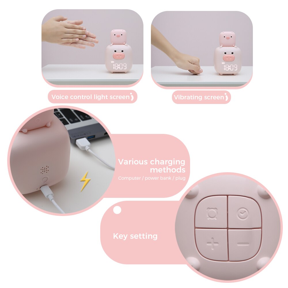 Xiaomi Alarm Clock Night Lamp Voice Control LED Digital Clock Cute Pig Electronic Desk Table Clock Rechargeable For Child Kids