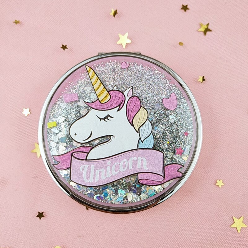 Mini Unicorn Makeup Mirror Compact Pocket Mirror Portable Double-Sided Folding Cosmetic Mirror With flowing sparkling sand