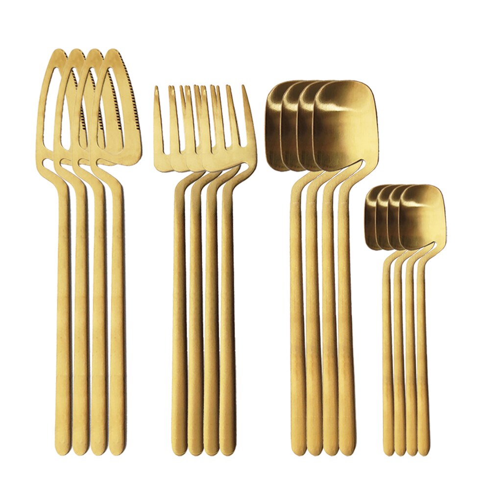 24 Stks/set Zwart Matte Bestek Set Voor Cake 304 Rvs Dessert Set Mes Vork Lepel Diner Set Keuken Bestek set: Gold for 4