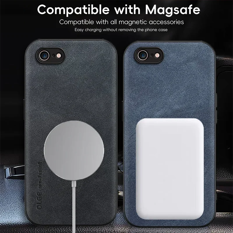 Magnetisk retro skinndeksel til iphone 16e 7 8 plus se iphone 8 plus trådløs lading telefondeksel