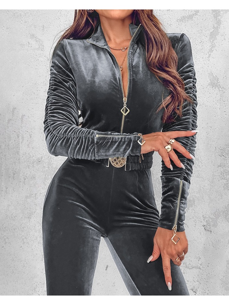 Fluwelen jumpsuits met ritsontwerp voor dames 2025, elegante jumpsuit met ruches en lange mouwen en elastische tailleriem, overall, dameskleding: L / GRIJS