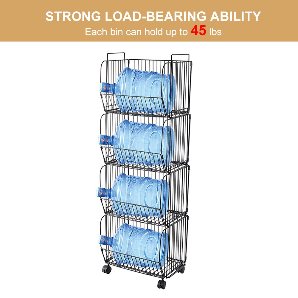 4 Tier Stackable Collapsible Kitchen Storage Baskets with Casters TrolleyRack Shelf Rolling Storage Bins for Kitchen Bathroom