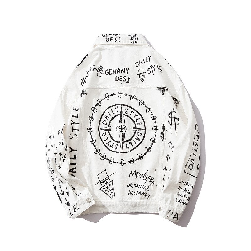 Ropa informal estilo Hip Hop para hombre, chaqueta vaquera con estampado de grafiti, Pantalones vaqueros de gran tamaño, Chaqueta de algodón informal blanca, R2155: L