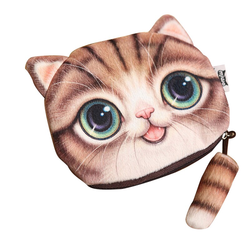 1pcs Ladies Cute Cat Face Animal Coin Purse Wallet Mini Zipper Bag: Brown