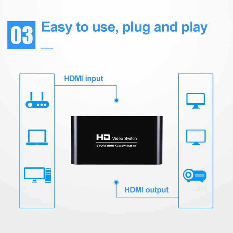 Oullx  hd 4k hdmi usb kvm switch pc deling tastatur mus hurtigtast skriver plug and paly out usb box video display switch splitter