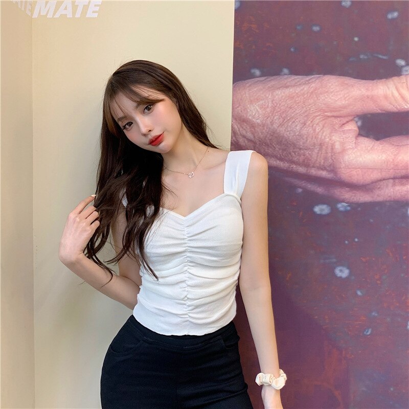 Magliette E Camicette per le Ragazze Vestiti di Estate Top Sottile Pieghettato Canotta Senza Maniche Camicia di Lavoro A Maglia di Cotone di Un Solido di formato: WHITE