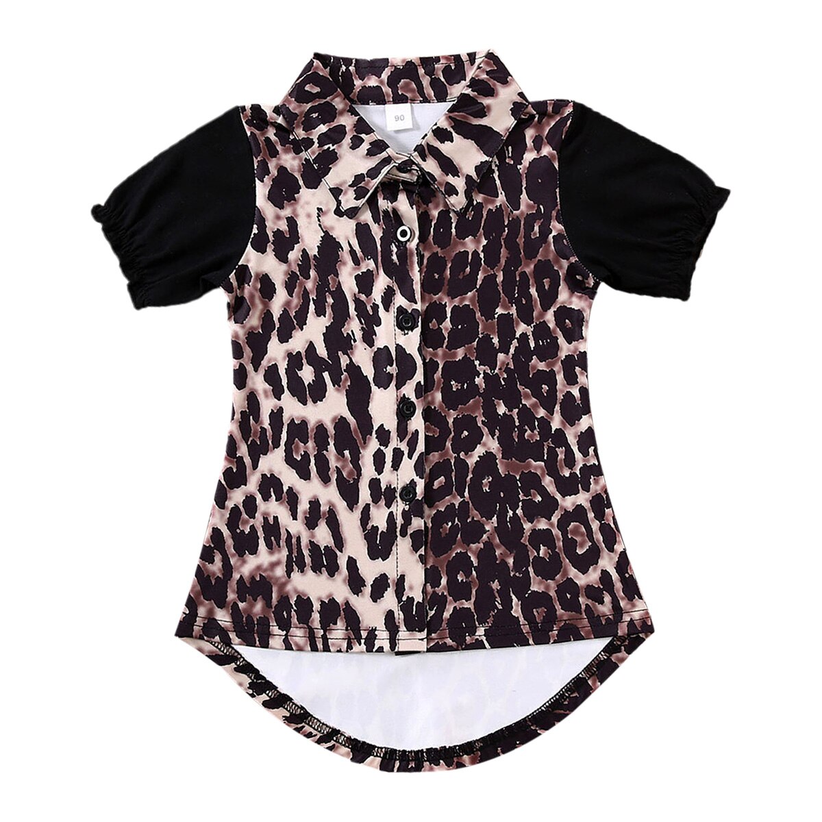1-6Years Kids Baby Girl Leopard Shirts Summer Short Sleeve Turn-down Collar Buttons Child Girl Long Shirt Casual Tops: 1-2Years
