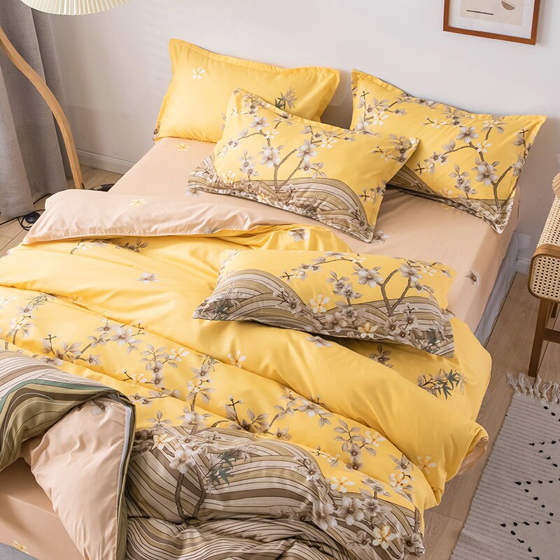 Kinesisk stil gula sängkläder set, 220 × 240 påslakan set örngott 3 st, plommon blommönster påslakan dubbel queen king