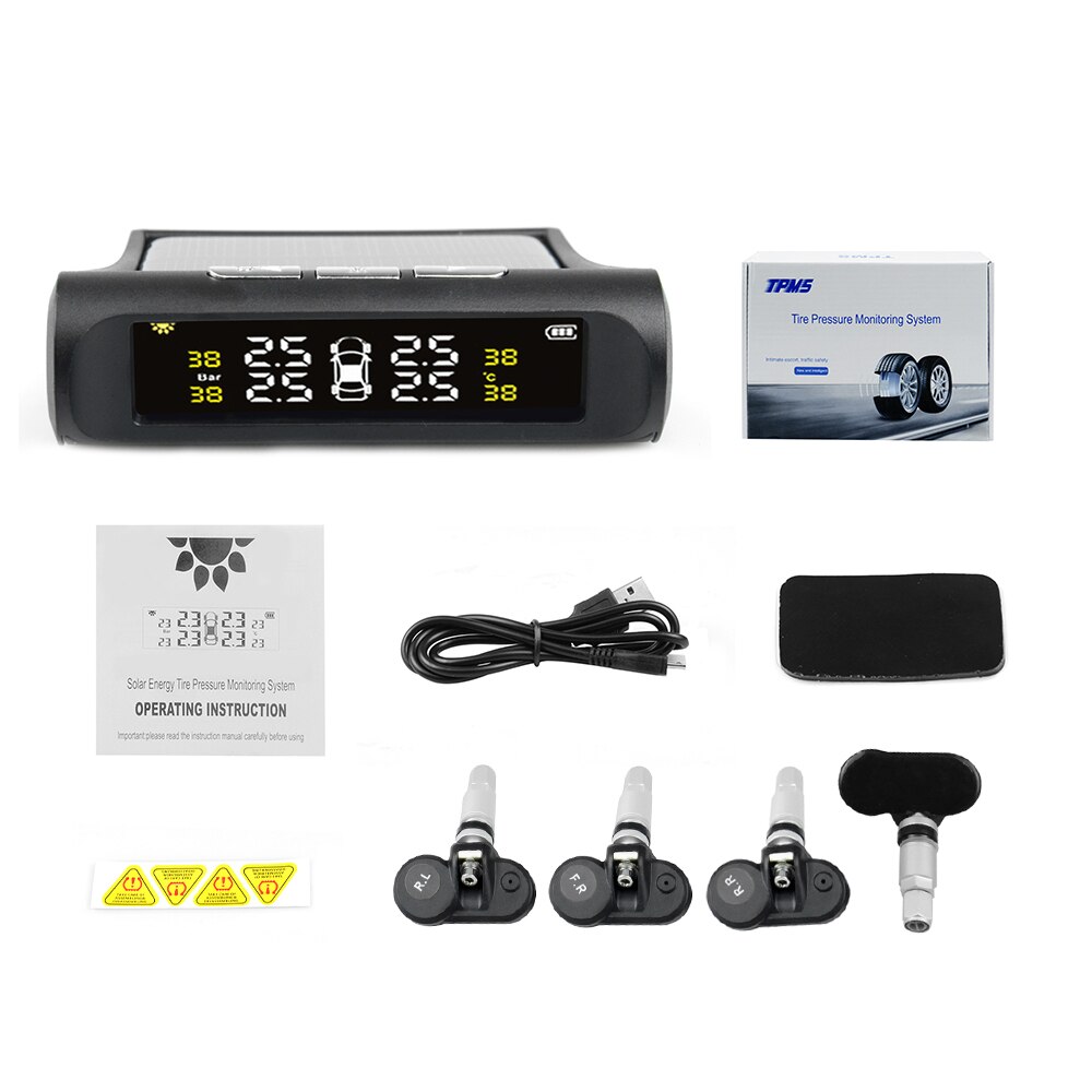 Système de surveillance TPMS de pression des pneus, charge solaire, écran LCD numérique HD, alarme automatique sans fil avec 4 capteurs,