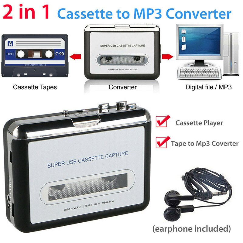 USB2.0 Draagbare Tape Naar Pc Super Cassette Te MP3 Audio Muziek Cd Digitale Speler Converter Capture Recorder + Hoofdtelefoon