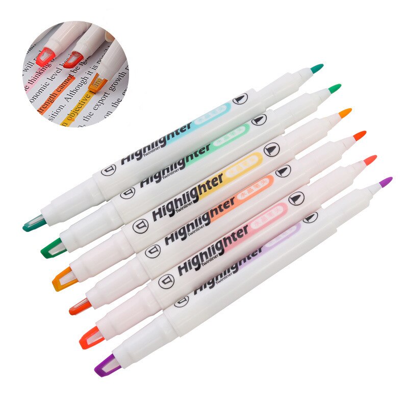 Yisuremia 6Pcs/Box Double Head Highlighter Pen Set Visual Highlight Markers Fluorescent Pens Art Marker Graffiti Tool Stationery
