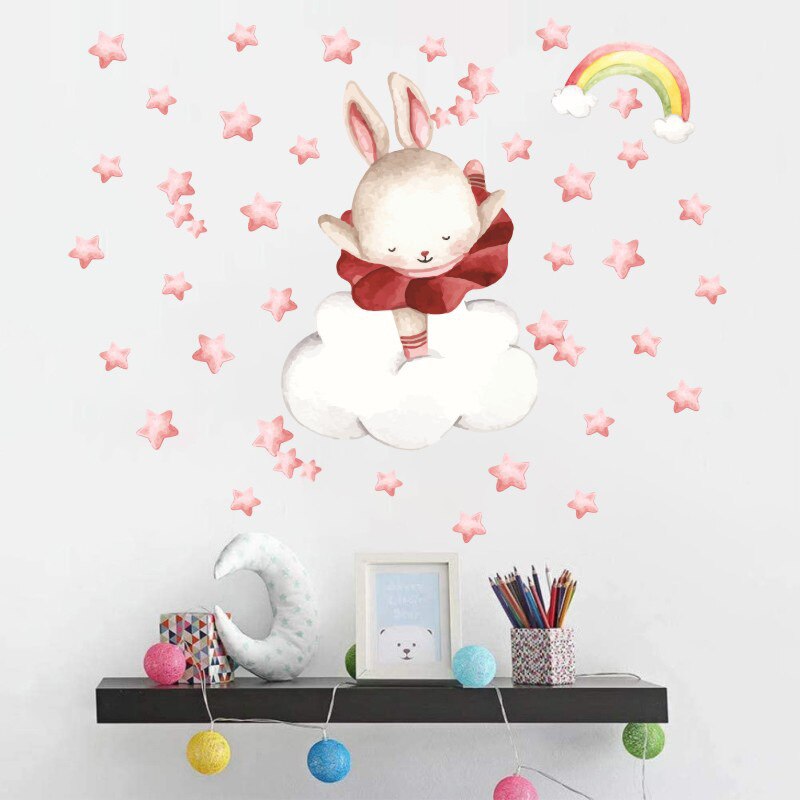 Cute Cartoon Rabbit Wall Stickers wallpaper Ballet Bunny Stickers for Kids Baby Room Wall Decor Cartoon Wall Sticker Home Decora