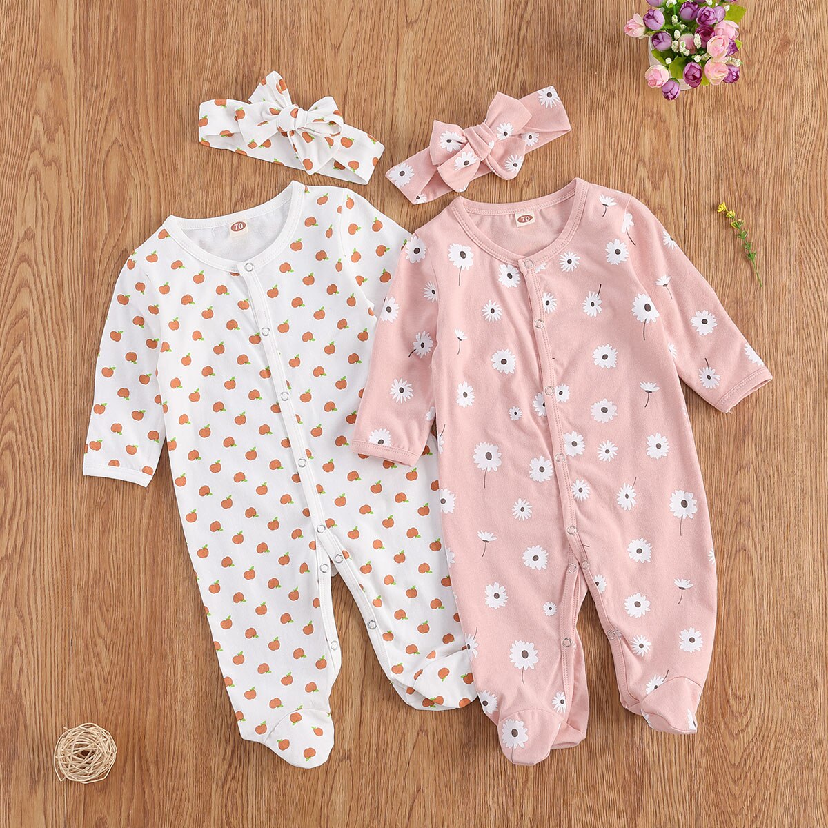 0-12M Pasgeboren Baby Baby Meisjes Jongens Katoen Voet Cover Footies Bloem Apple Lange Mouwen Jumpsuit Lente Herfst speelpakje Hoofdband