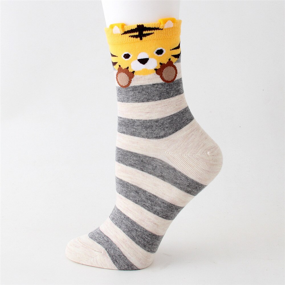 Funny Cartoon Animals Ankle Socks Striped Cotton Mid Tube Sock Soft Comfortable Autumn Winter Kawaii Footwear for Girls: beige