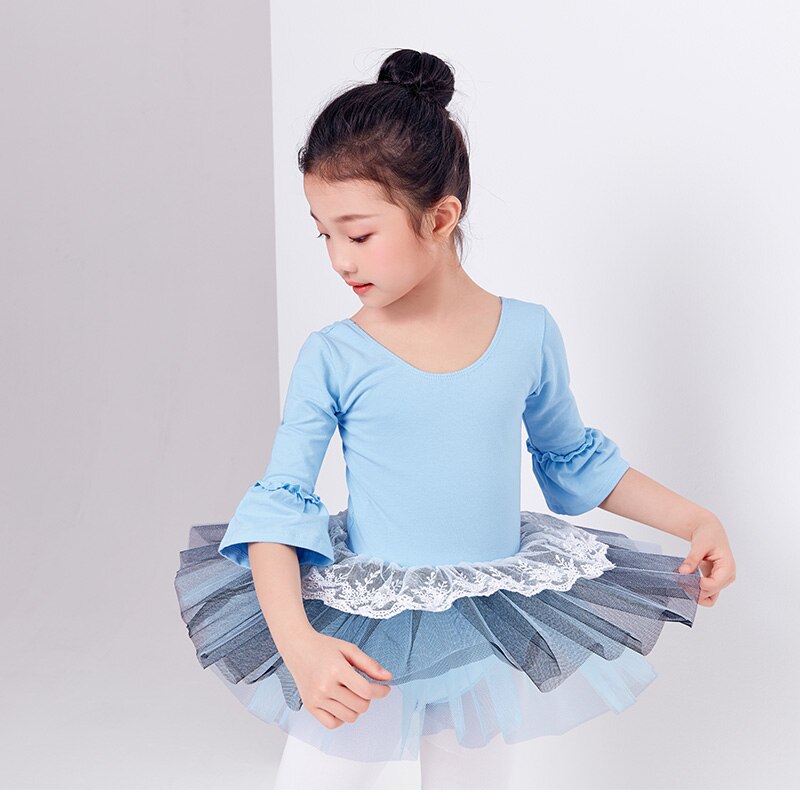 Vestido de tul con tutú de Ballet para niña, leotardo de gimnasia de manga acampanada de encaje multicapa, leotardo de Ballet para niña bailarina 3/4
