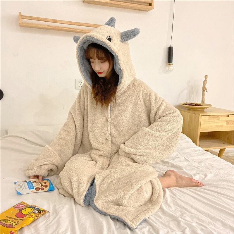 Pijamas con orejas de dibujos animados para mujer, ropa de dormir con capucha de lana de Coral, bonita y cálida para el hogar, Otoño e Invierno