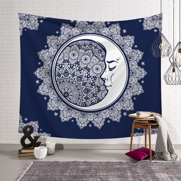 Vintage sol og måne indisk mandala gobelin væghængende hippie sengetæppe sigøjner kunstindretning boheme strandmåtte 95 x 73cm: E