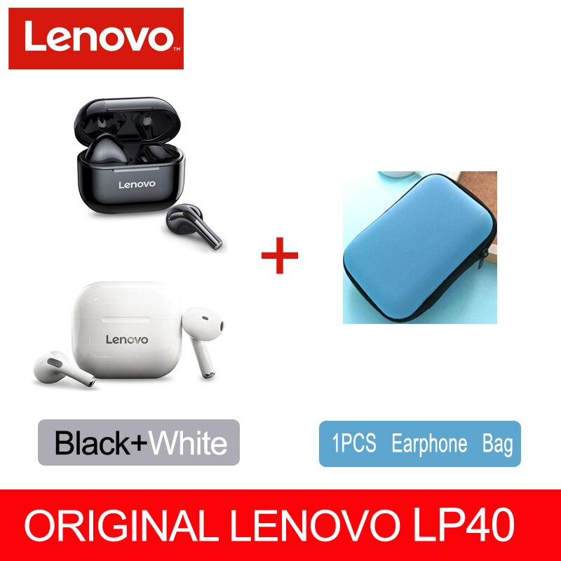 Original Lenovo LP40 TWS auricular Bluetooth inalámbrico verdadero 5,0 estéreo bajo con micrófono de manos libres auriculares AI Control IPX5 impermeable: LP40 1 Wh 1 Bla 1 Ca