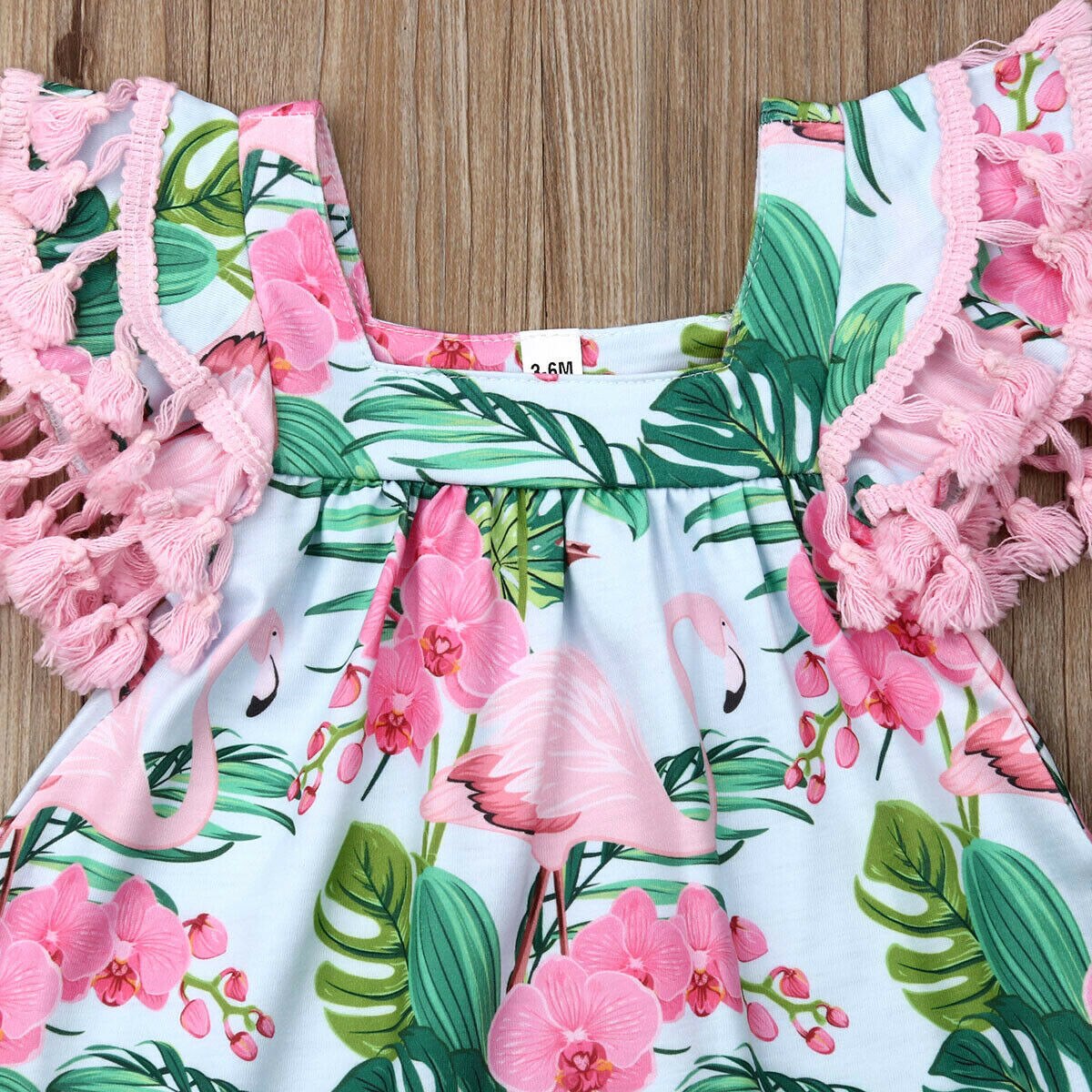 Bebis sommar kläder spädbarn småbarn bebis flicka klänning flamingo tofs ärm klänning blommig strandfest tecknade klänningar 0-18m
