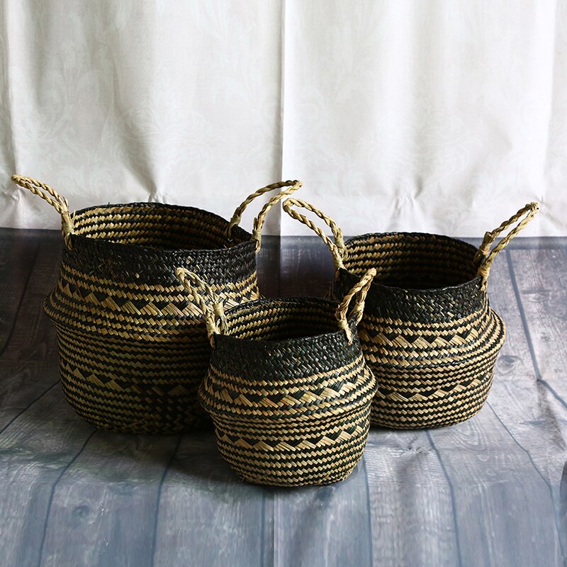 Handmade Woven Storage Basket with Black Grid Seagrass Wicker Garden Flower Plant Pot Laundry Container Toy Storage Holder