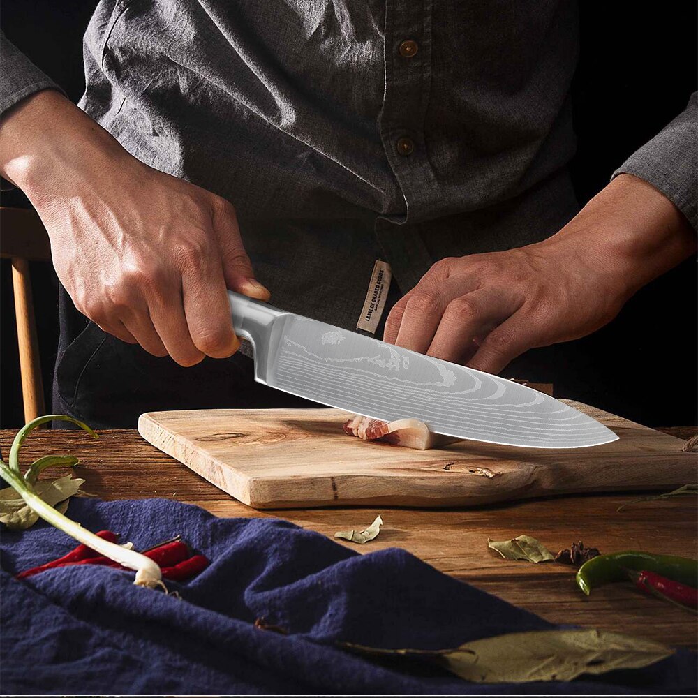 Damask køkkenknive sæt 7 cr 17 knive i rustfrit stål frugtværktøj santoku kok udskæring brød madlavning kniv damaskus mønster