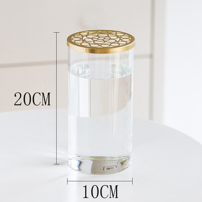 Nordic Transparent Glass Vase Golden Grid Cover Living Room Flower Arrangement Ikebana Decoration Desktop Hydroponic Plants Tool: O
