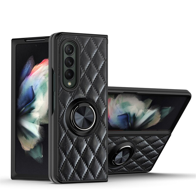 Diamant Telefoon Geval Voor Samsung Galaxy Z Vouw 3 5G Embossing Lederen Ring Met Houder Shockproof Back Cover Voor galaxy Z Vouw 3: Black