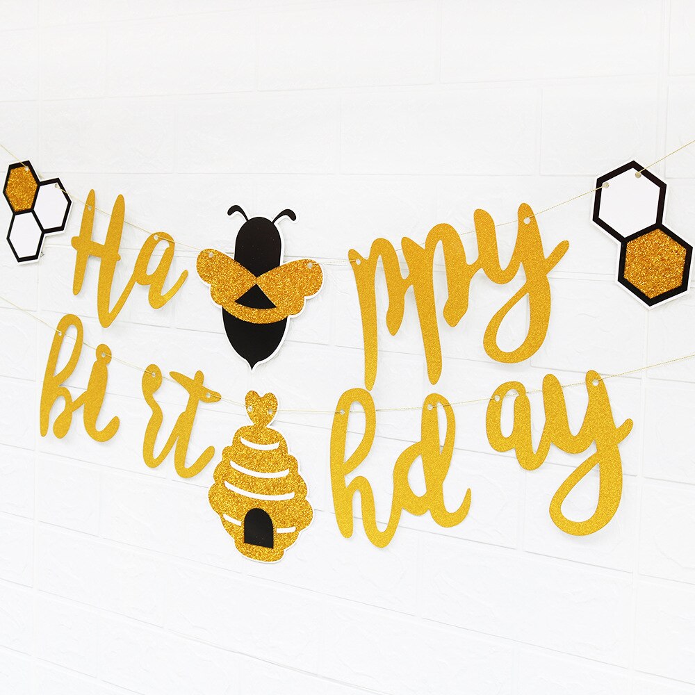 Glitter Golden Bee Theme Happy Birthday Banner Happy Bee Day Kids Birthday Party Backaground Decorations Bumblebee DIY Decor