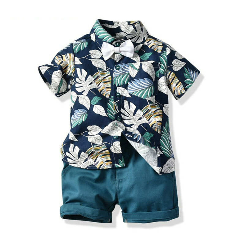 Peuter Baby Kid Jongen 2Pcs Outifit Set Banana Leaf Print Korte T-shirt + Korte Effen Broek Gentelman Kleding set