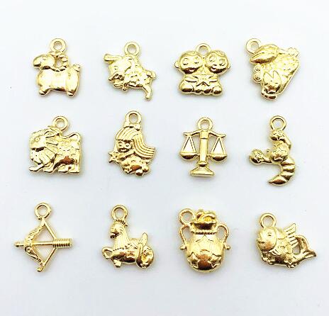 12 stück gemischtfarbige sternzeichen-anhänger aus zinklegierung mit tibetischen motiven, Ideal zum basteln von armbändern und halsketten.: Goldfarbe
