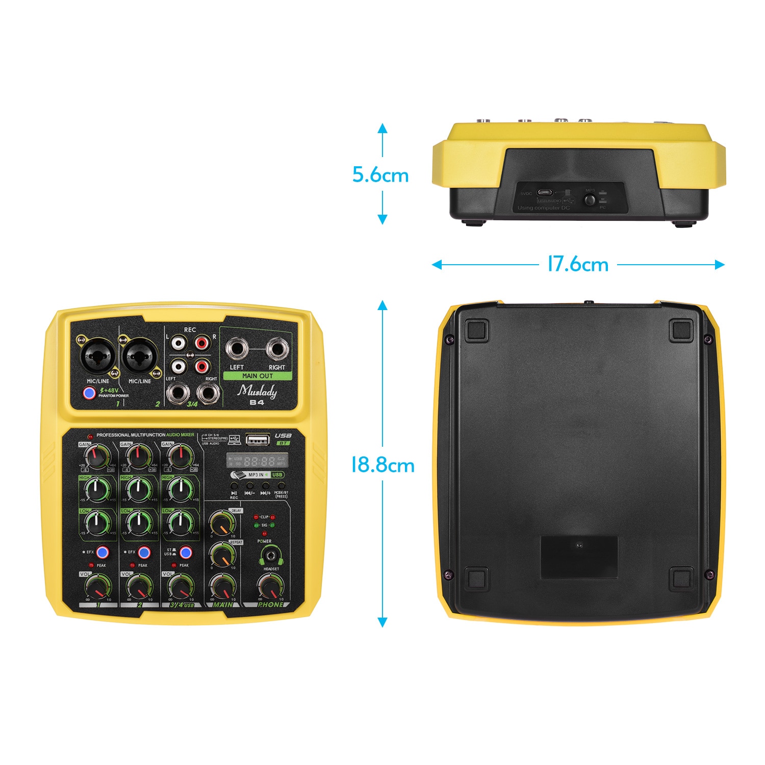 Muslady B4 Portable 4 Channels Audio Mixer USB Mixing Console Supports BT Connection with Sound Card Built-in 48V Phantom Power