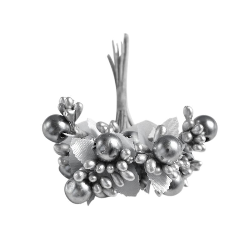 10 st 12mm konstgjorda pärla ståndare blomma små bär körsbär bukett för bröllopsfest hem tårta låda kransar dekoration: Silver-
