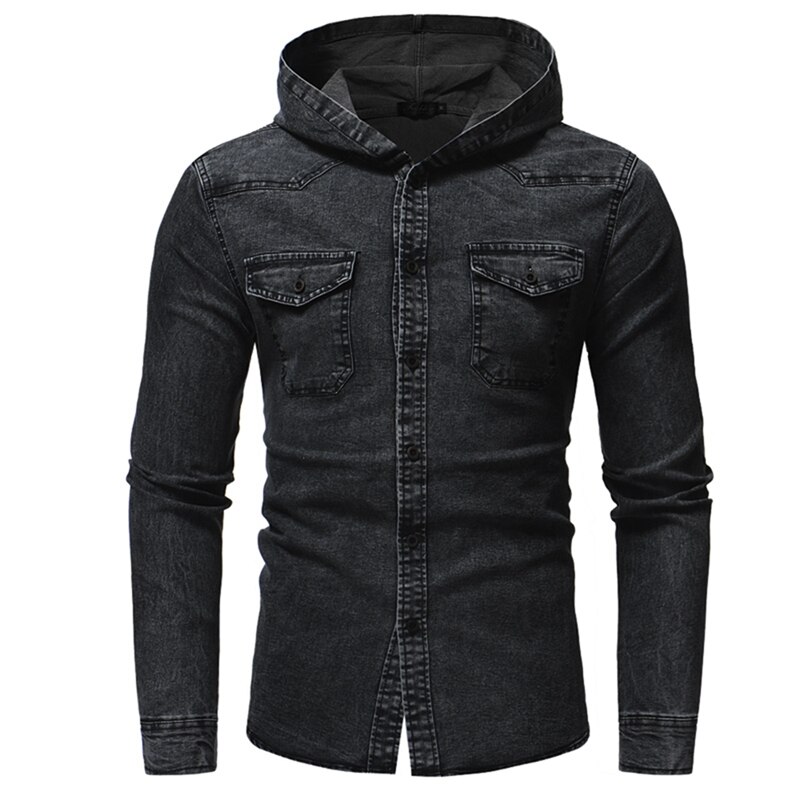 Spring Wash Denim Shirt Men Long Sleeve Hooded Jeans Shirt Men Casual Slim Fit Shirt