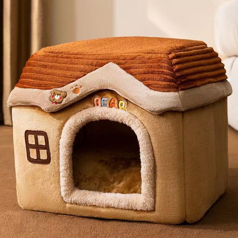 Cute Pet House with Foldable Soft Pet Bed Detachable Washable Pet Castle Suitable for Small Medium-sized Dogs and Cat Cave Nests: S / black