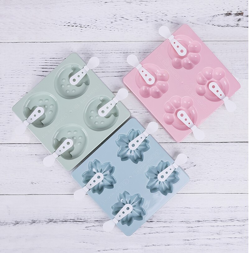Cute Cartoon Flower Ice Cream Mold 4-hole Ice Tray Tubs Popsicle Maker Kitchen DIY Tools Cube Mold with Lid