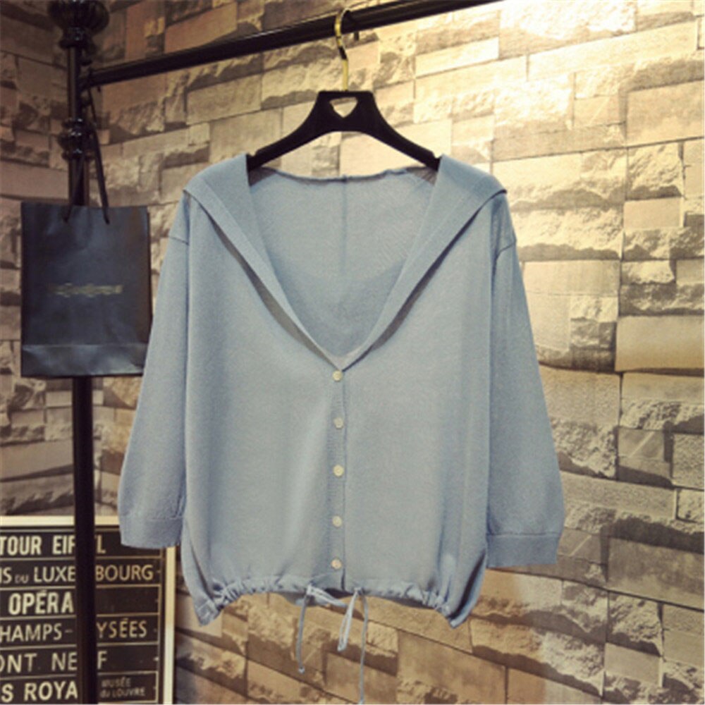 Cardigan com capuz fino, feminino, primavera/verão, laço, decote em v, design curto, solto, capa, outerwear: hui lan