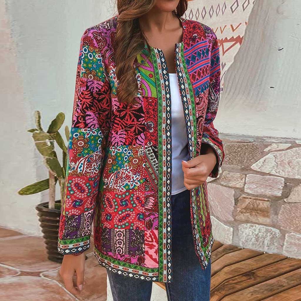 Mode Jassen Vrouwen Herfst Jas Vintage Etnische Stijl Bloemenprint Lange Mouwen Plus Size Katoen Bohe Vrouwelijke Jas Jas # t2g: Red  / 4XL