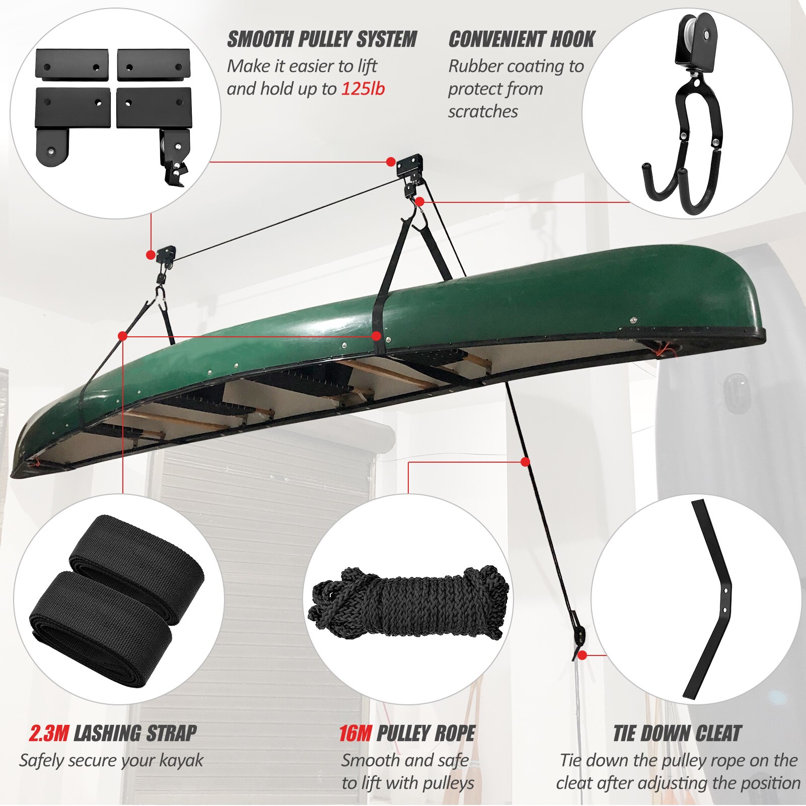 Système de poulie suspendue pour Kayak, support de plafond pour Garage, pour vélo, paddle, canoë, bateau, accessoires