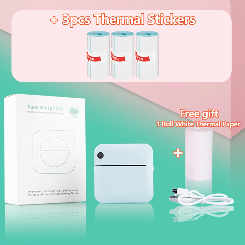Portable Mini Printer Pocket Printer Student Note Printer Photo Text Bar Code Printer: Blue 3 Stickers
