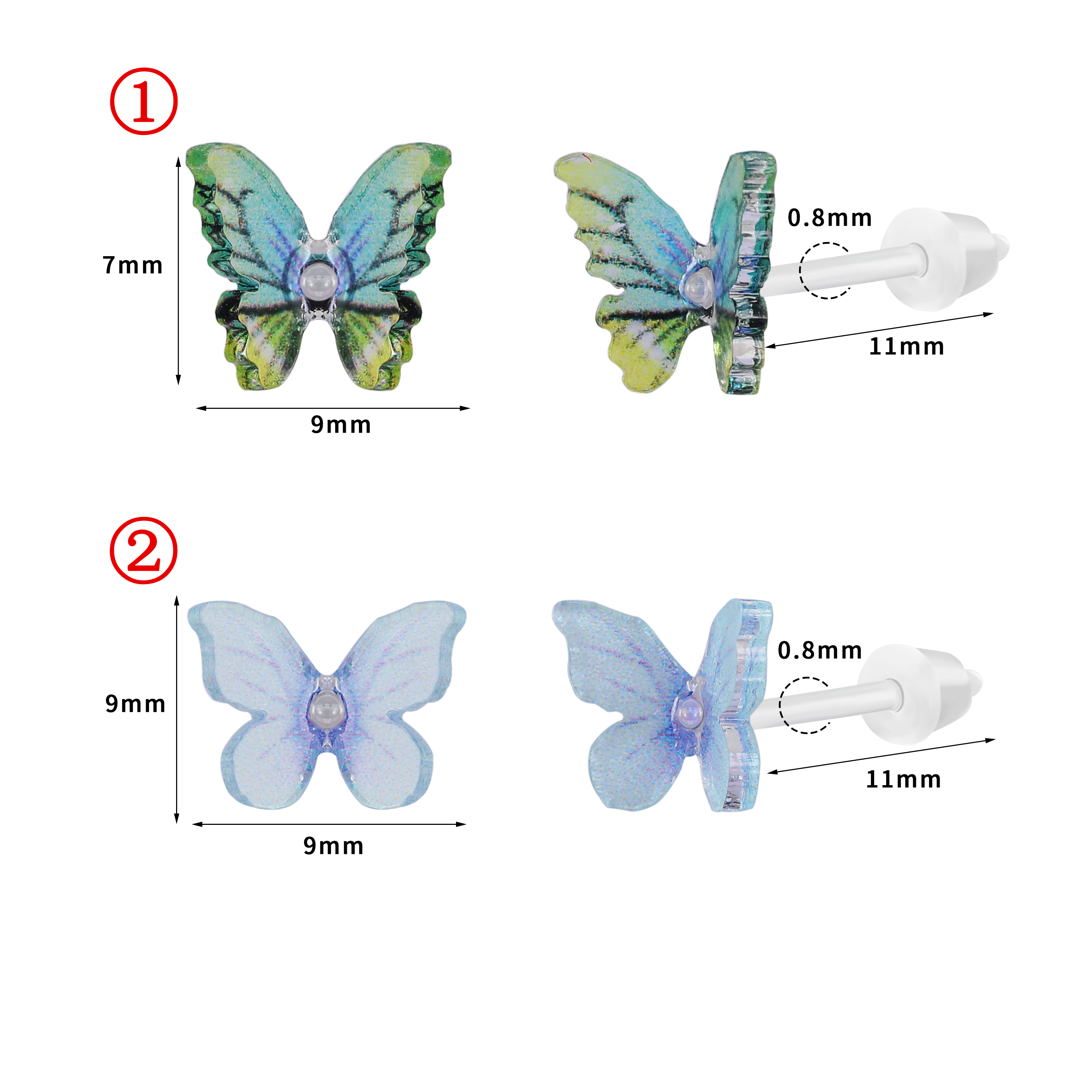 ZS 1 paire de boucles d'oreilles colorées en forme de papillon 20G boucles d'oreilles en acrylique Anti-allergie mignon oreille Cartilage Helix conque piercings