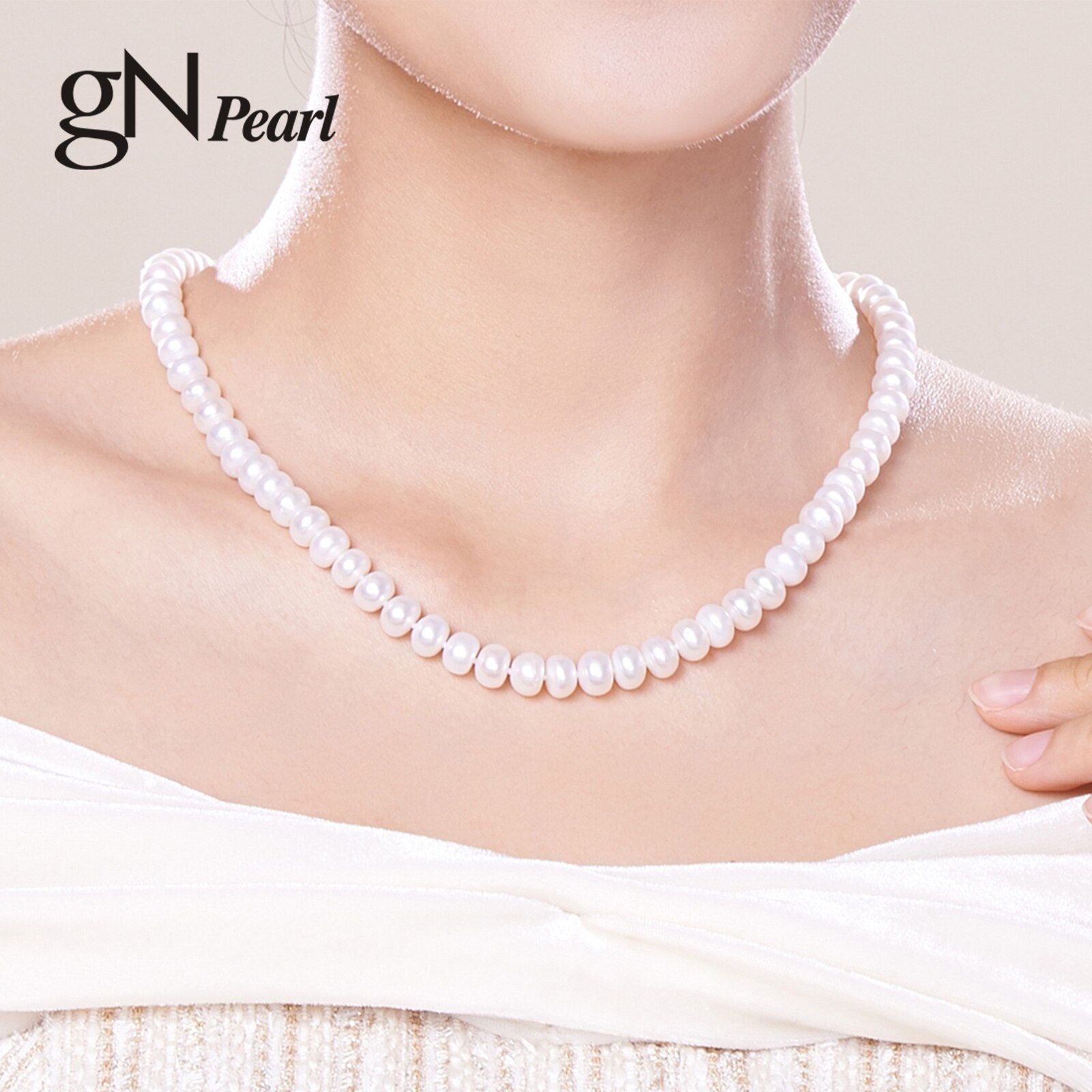 Gn Parel Real White Natuurlijke Zoetwater Ronde 6-7Mm Parel Kettingen Kettingen Choker 40Cm + 3Cm gnpearl Fijne Jewerly Voor Vrouwen