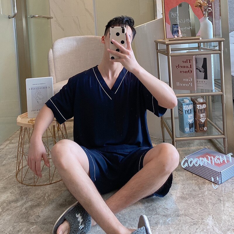 Pyjama en coton à manches courtes pour homme, ensemble léger et doux, chemise et pantalon, idéal pour le salon, tailles XL, XXL et XXXL: navy blue / L