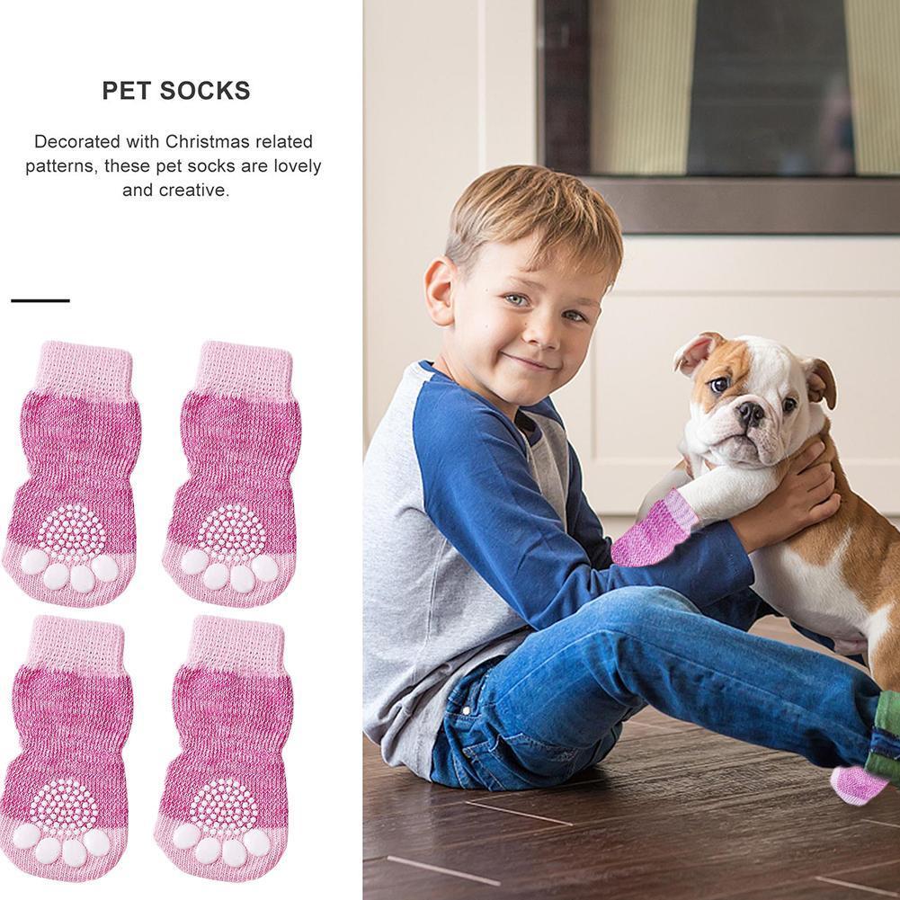 4 sokken  in 1 set antislip huisdier hond kat gebreide sokken roze schoenen dragen beschermer chihuahua poot voor de winter binnen op slip laarzen  w5 j 9