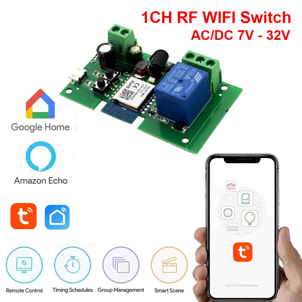 Smart Garage Door Opener RF WiFi Switch Sliding Gate Controller Work With Alexa Google Home SmartLife Tuya APP Remote Control: 1ch  7-32V